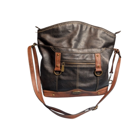 b.o.c. Black and Brown Leather Shoulder Bag Crossover Strap Full Size Purse - Picture 7 of 16